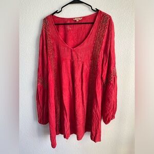 Chic Red V-Neck Women's Tunic boho stone wash